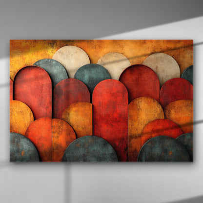 Abstract geometric artwork with vibrant colors of orange, red, and earth tones on a canvas print.