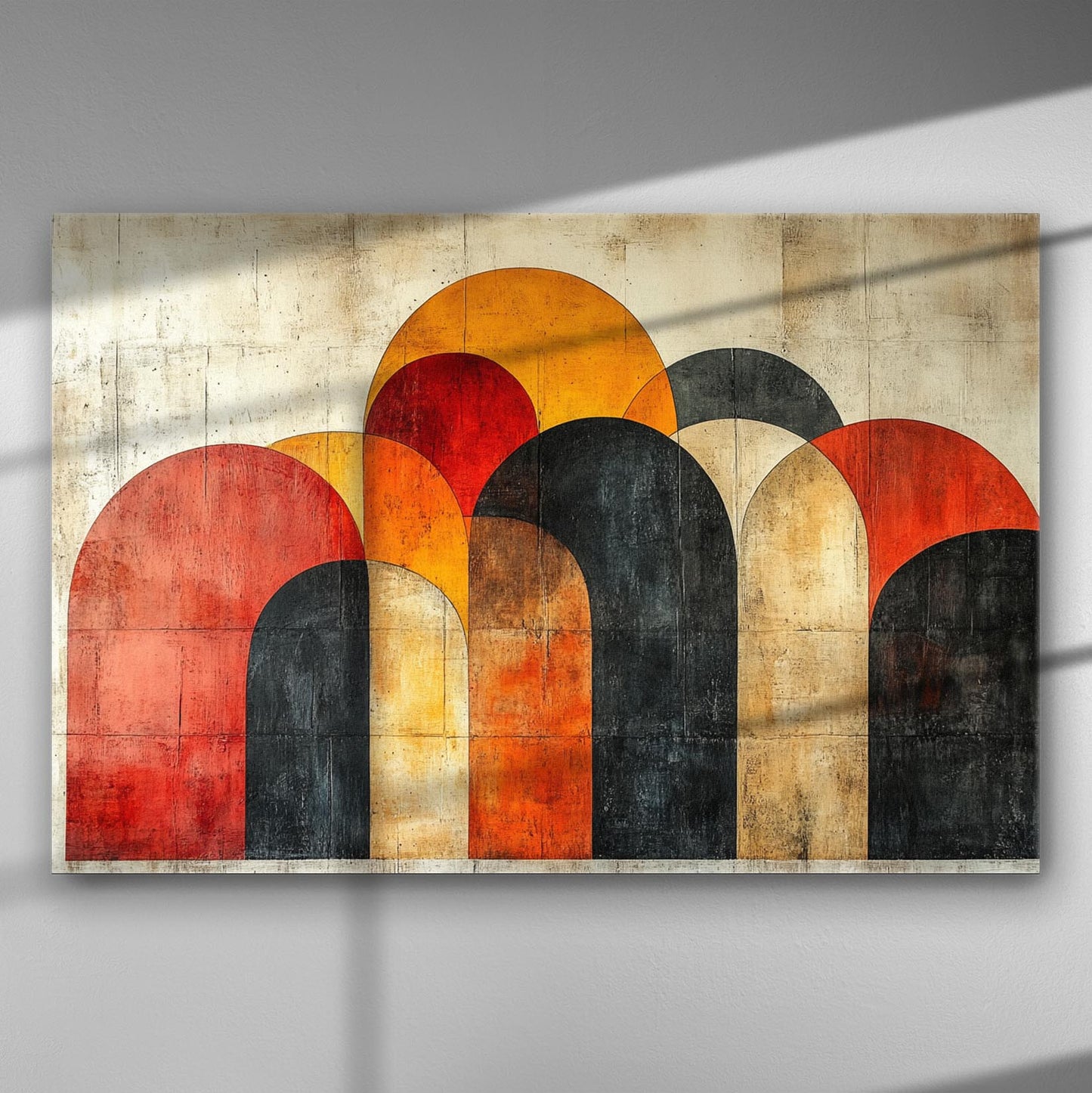 Abstract canvas print featuring curved geometric shapes in red, orange, and black tones.