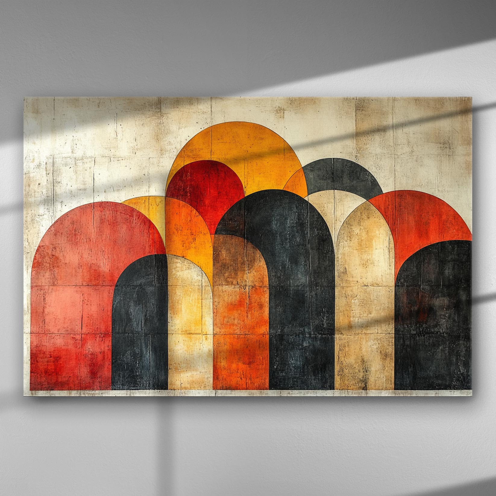 Abstract canvas print featuring curved geometric shapes in red, orange, and black tones.