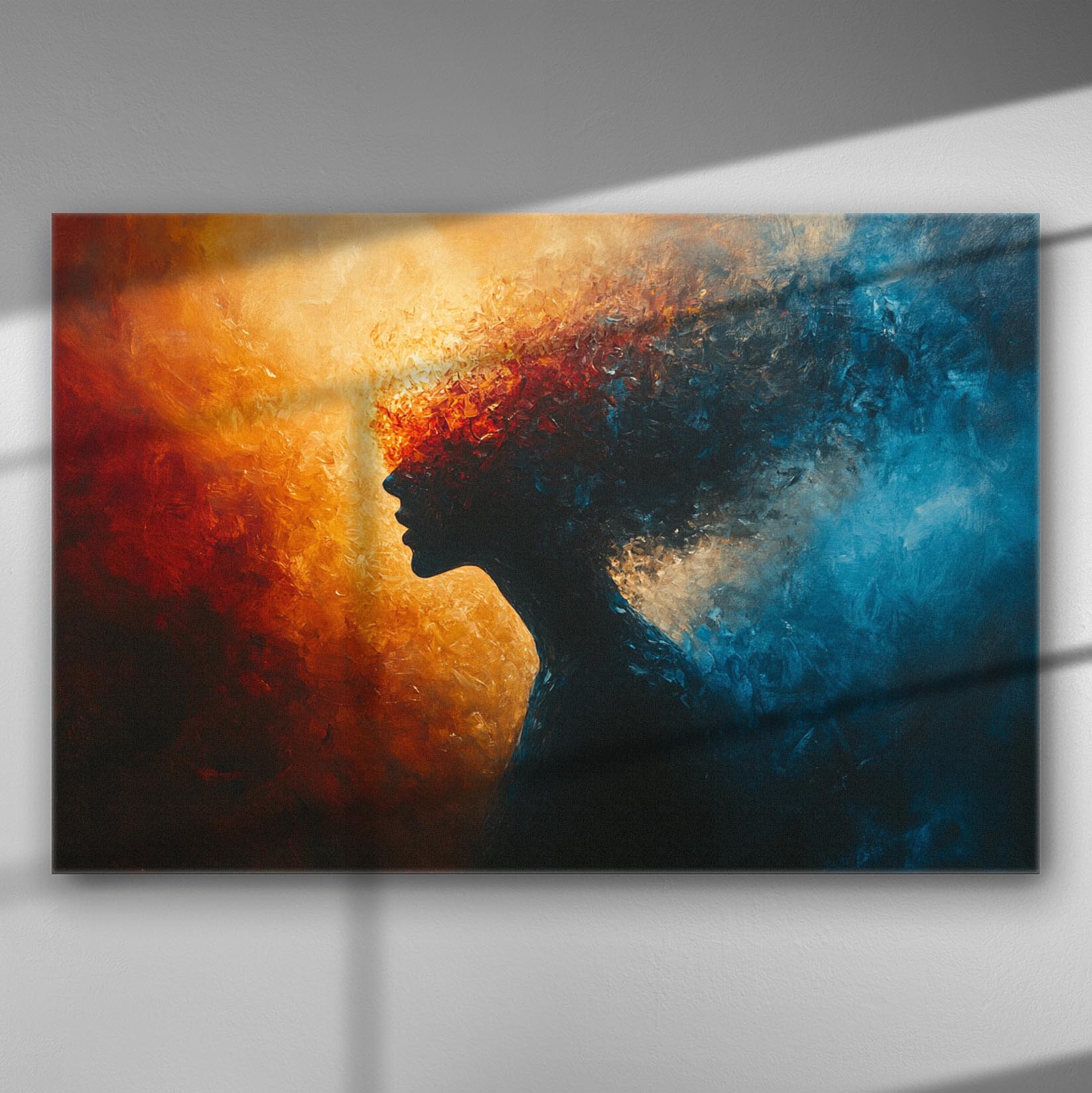 Abstract silhouette of a woman against vibrant red and blue colors on a canvas.