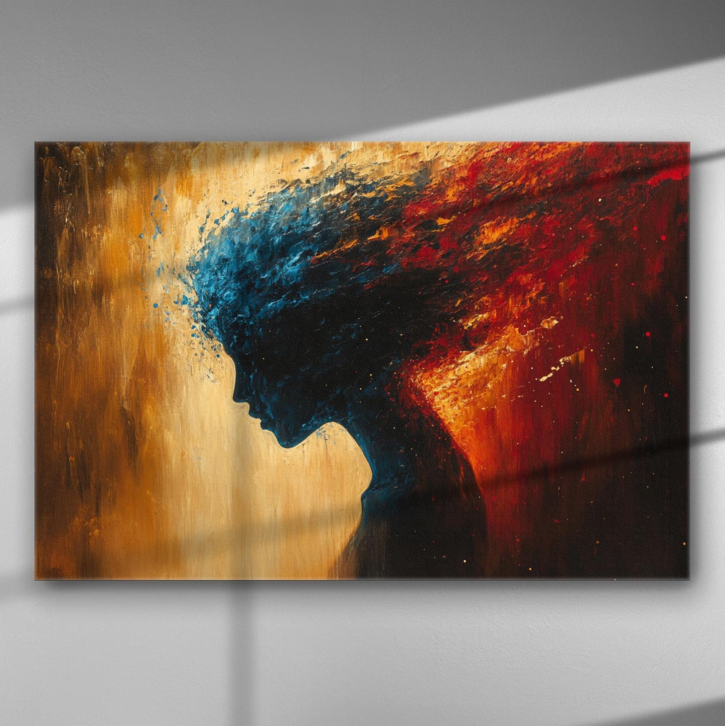 Abstract silhouette of a woman with hair transforming into waves and flames on a canvas print.