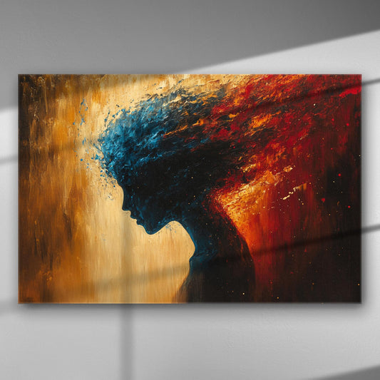 Abstract silhouette of a woman with hair transforming into waves and flames on a canvas print.