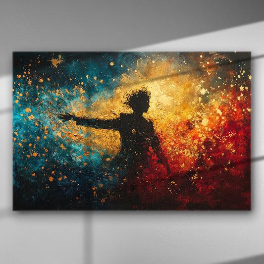 Silhouette of a person dancing against a background of vibrant blue, red, and golden splashes.