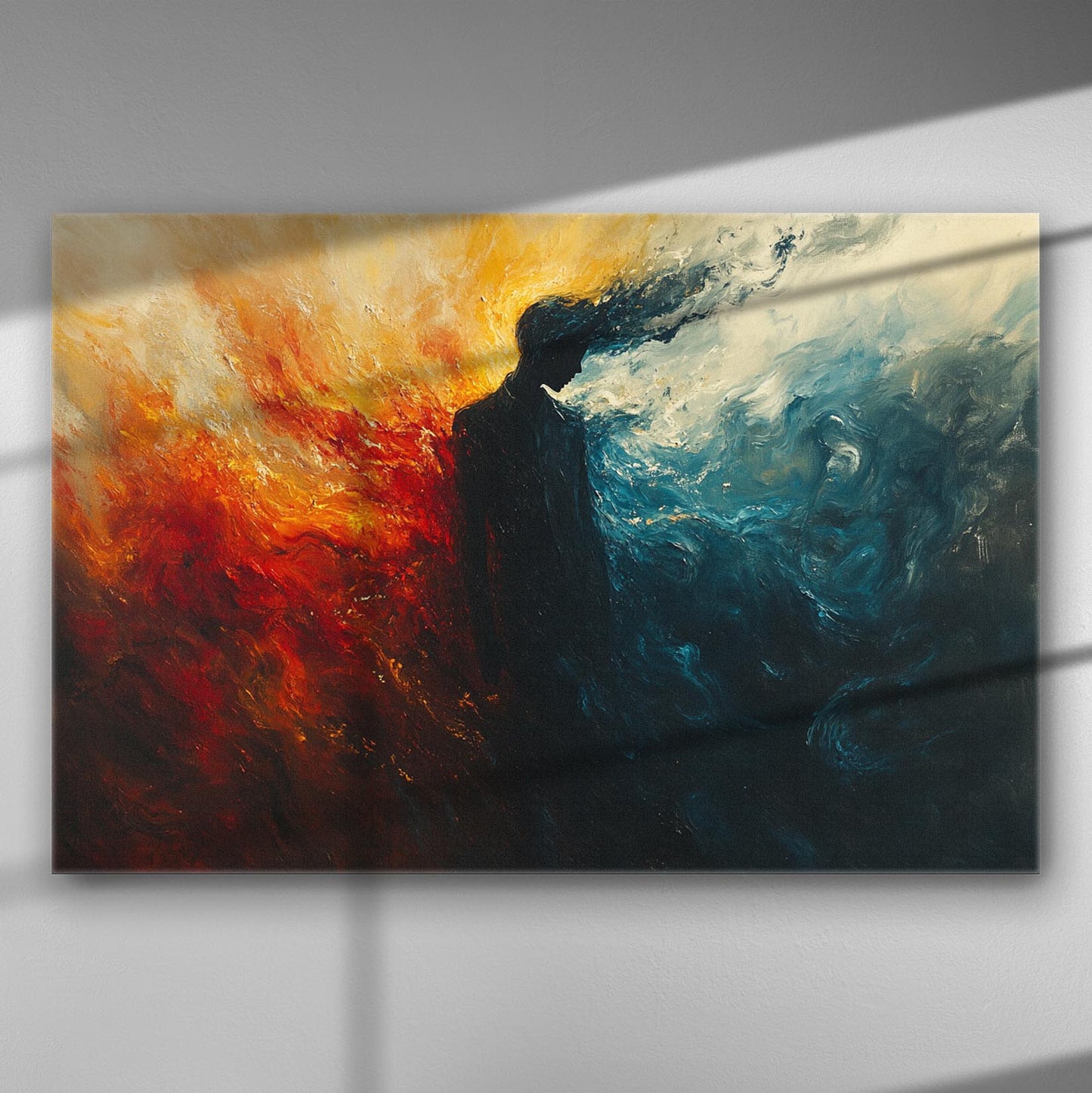 Abstract painting showing a silhouette surrounded by fiery reds and calm blues.