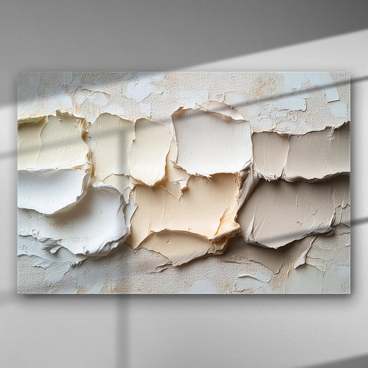 Abstract canvas art with textured layers of white and beige colors.
