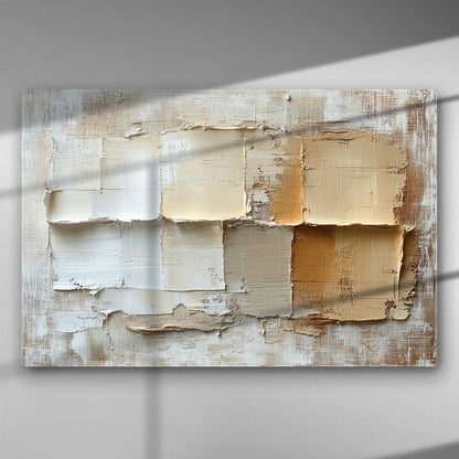 Abstract geometric shapes in warm sand tones on a canvas, featuring a textured surface.