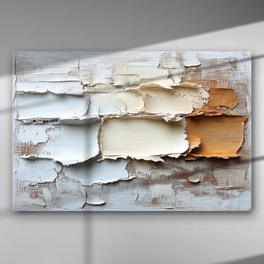 A multi-layered canvas art with soft textures in shades of grey and warm orange.