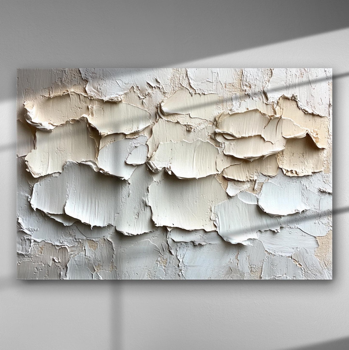 Abstract cream and beige textured canvas with layered paint, creating a three-dimensional effect.