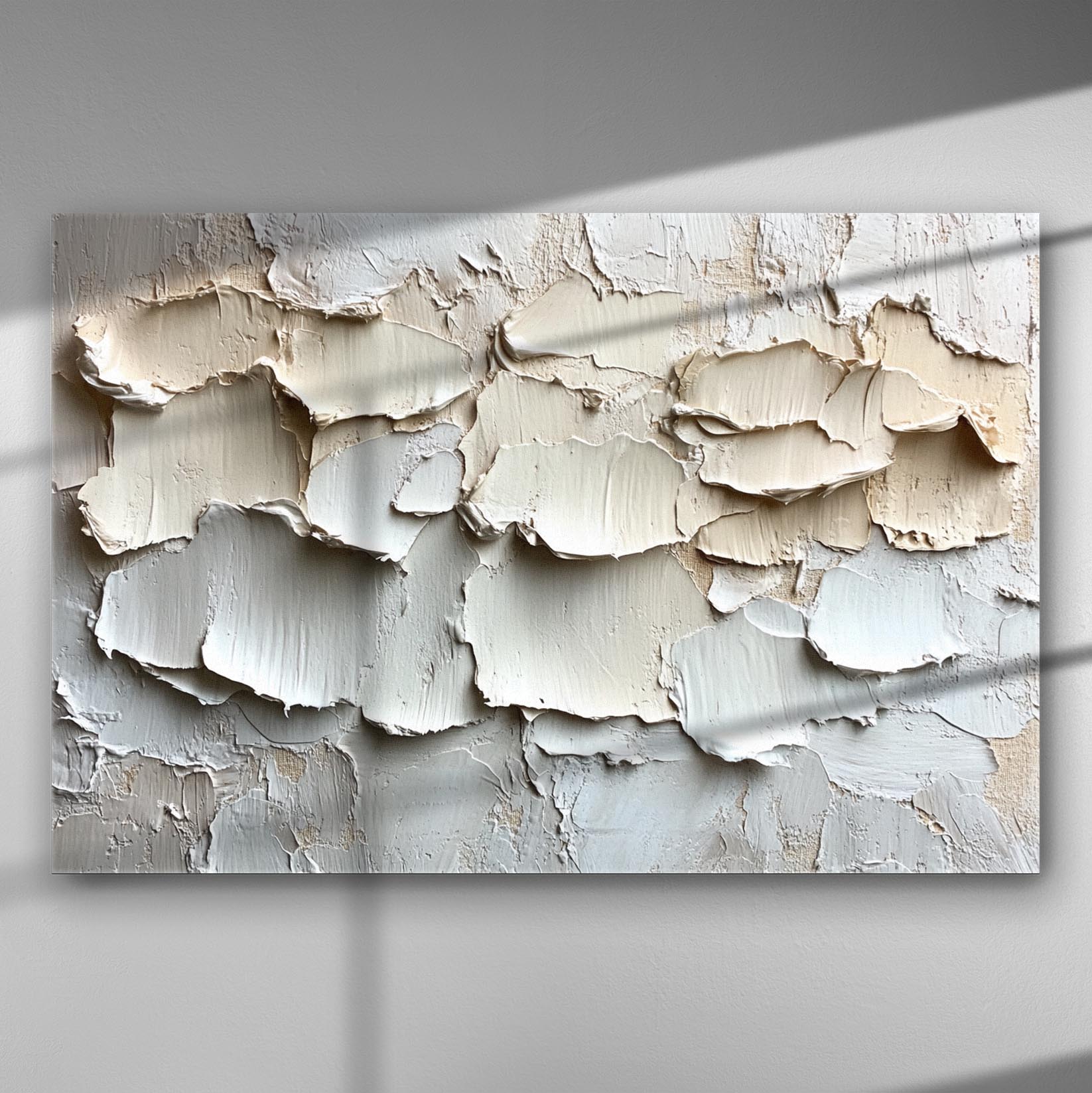 Abstract cream and beige textured canvas with layered paint, creating a three-dimensional effect.