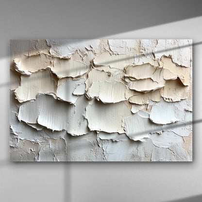 Abstract cream and beige textured canvas with layered paint, creating a three-dimensional effect.