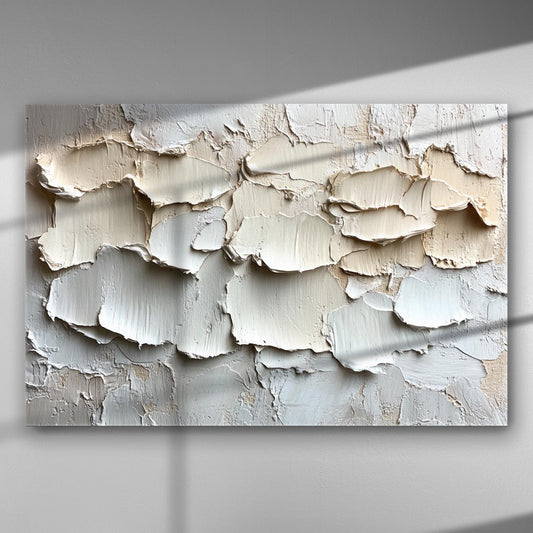 Abstract cream and beige textured canvas with layered paint, creating a three-dimensional effect.