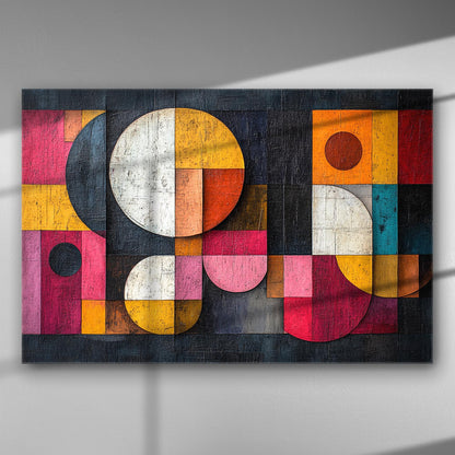 Abstract geometric canvas print with circles and rectangles in vibrant yellow, pink, and orange against a dark background.