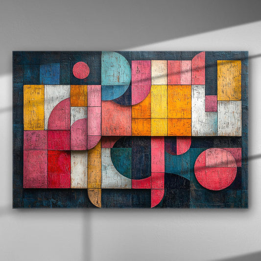 Abstract canvas print with colorful geometric shapes in various hues like red, blue, yellow, and pink.