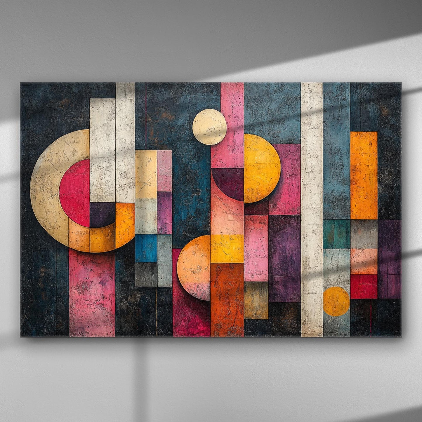 Abstract geometric art canvas with vibrant colors and shapes
