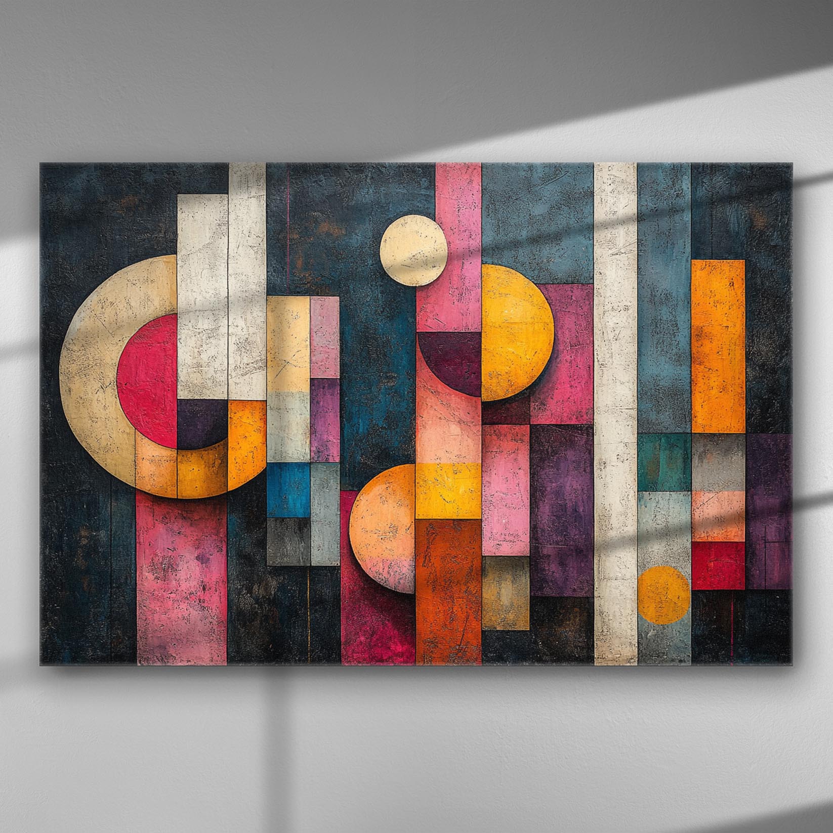 Abstract geometric art canvas with vibrant colors and shapes