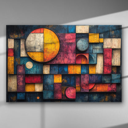 Abstract geometric art canvas with circles and squares in yellow, blue, and red colors.