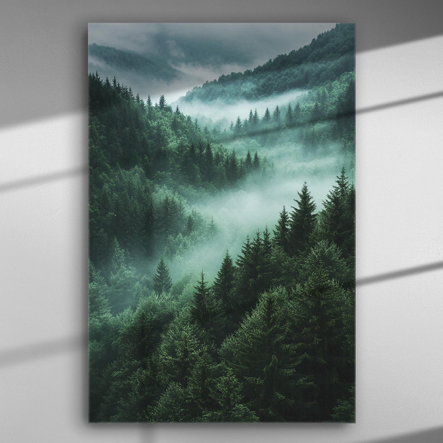 Canvas print of a misty forest landscape with dense trees.