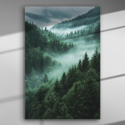 Canvas print of a misty forest landscape with dense trees.