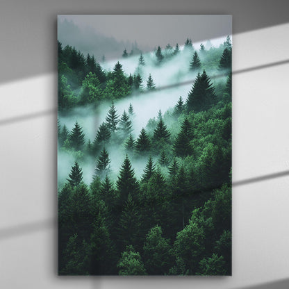 Forest wrapped in mist canvas print, featuring dense green trees and a mystical atmosphere.