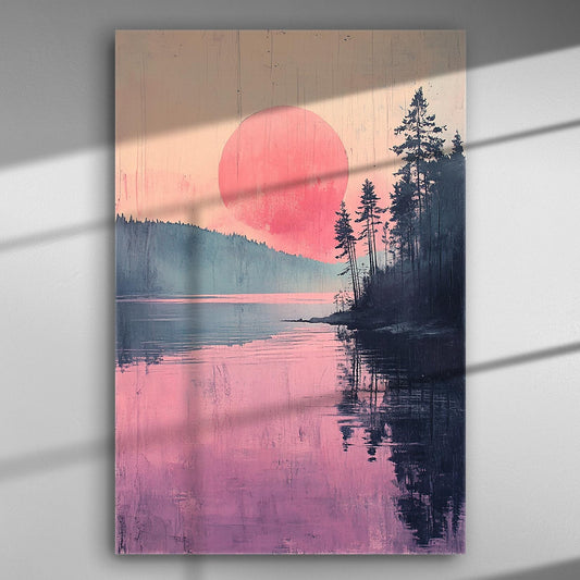 Serene lake landscape at sunset with pink sky and silhouetted trees.
