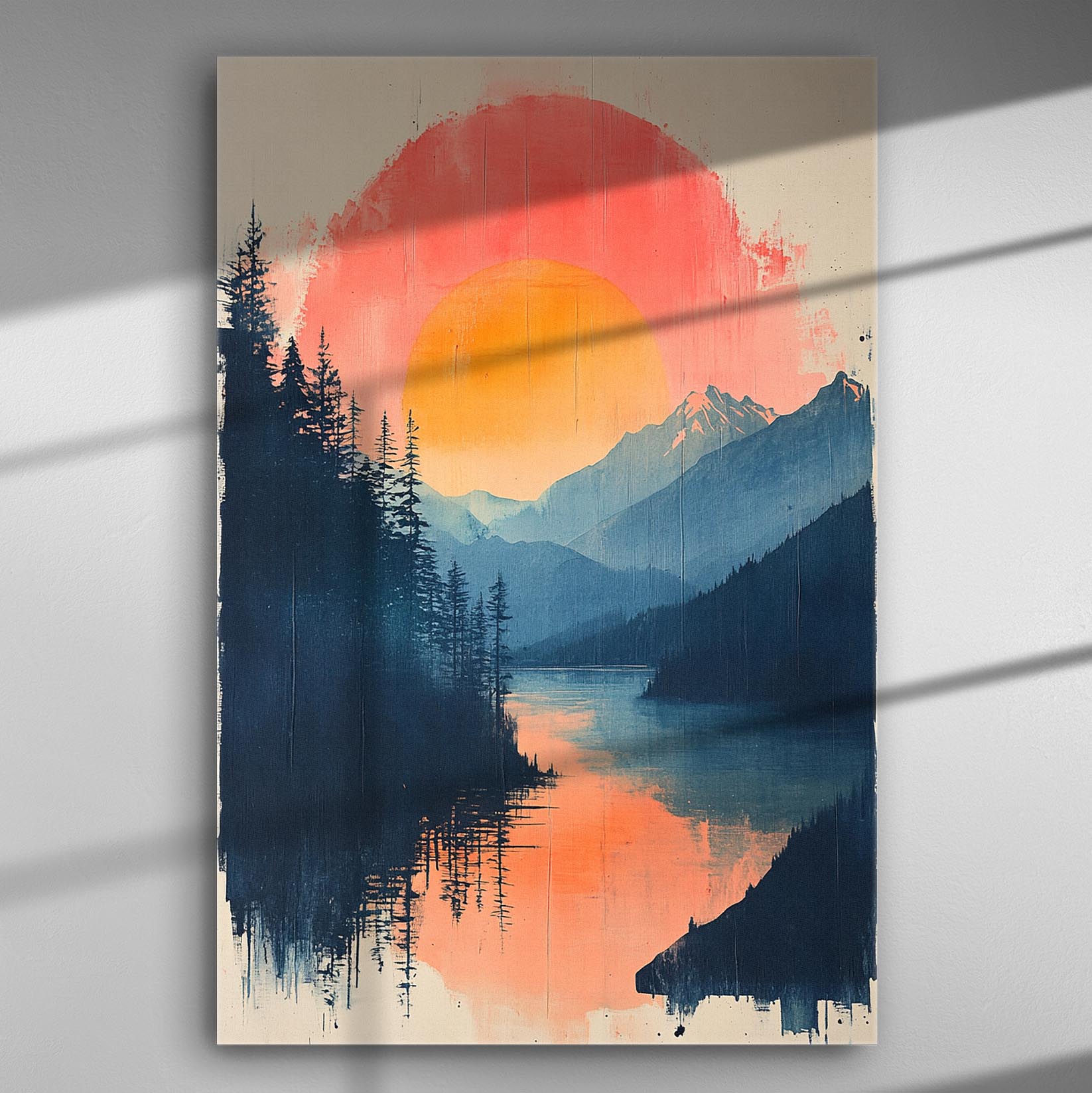 Canvas print of a sunset over mountains and pine trees with reflection on water in vibrant orange and pink hues.