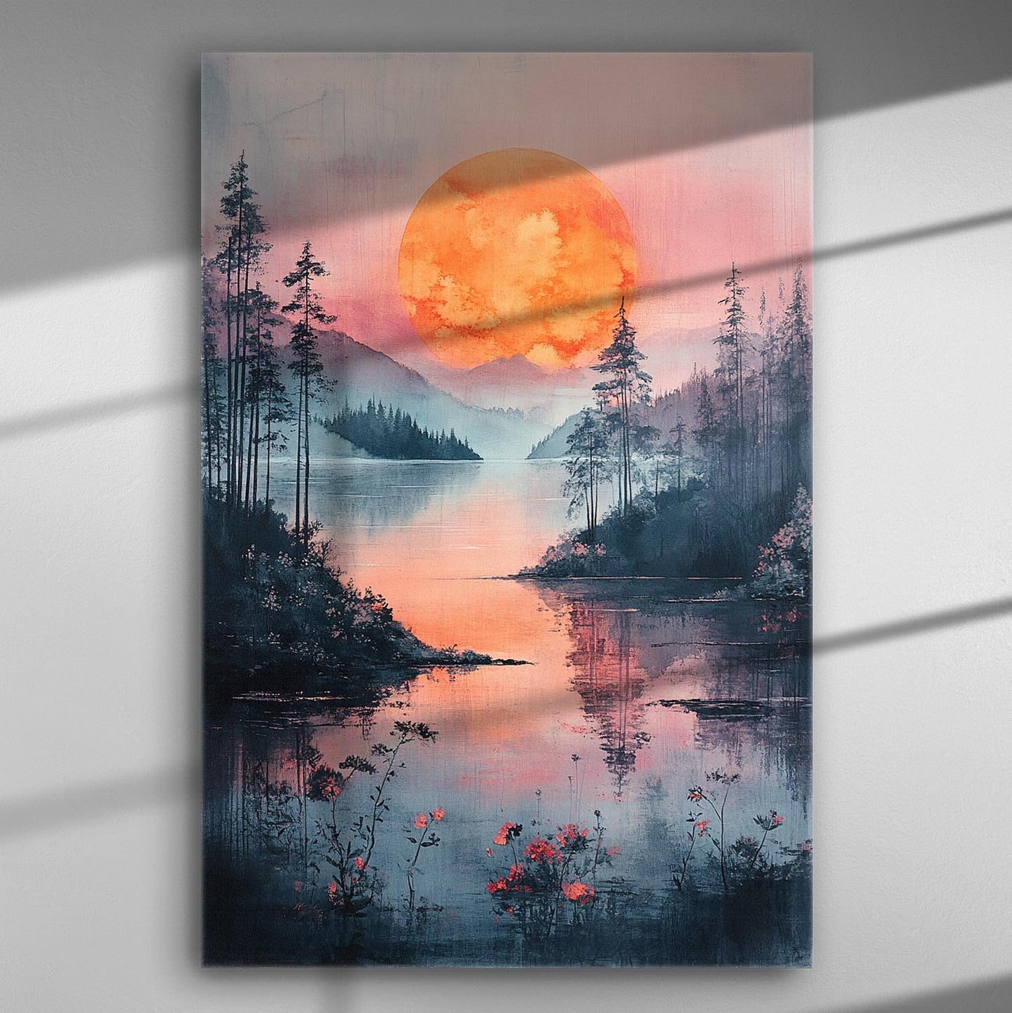 Canvas print of a romantic sunrise scene with an orange sun reflected over a tranquil lake surrounded by trees.