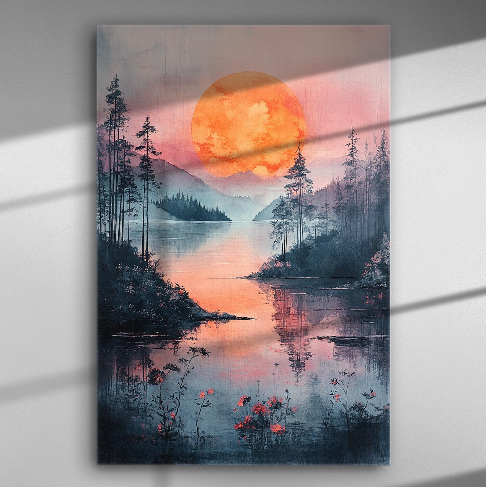 Canvas print of a romantic sunrise scene with an orange sun reflected over a tranquil lake surrounded by trees.