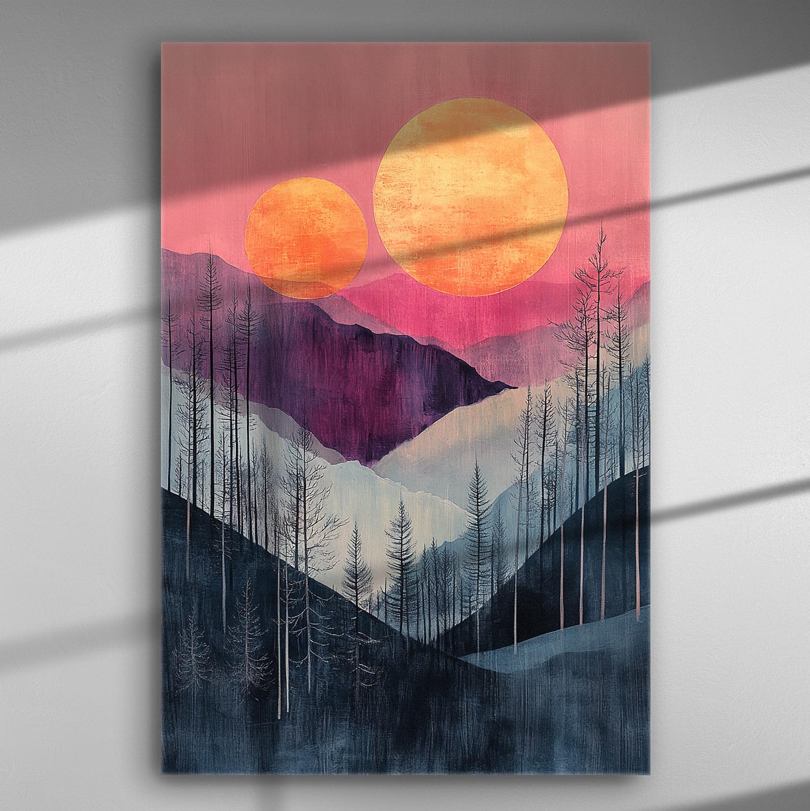 Landscape with two suns over mountains and trees in pink and purple hues.