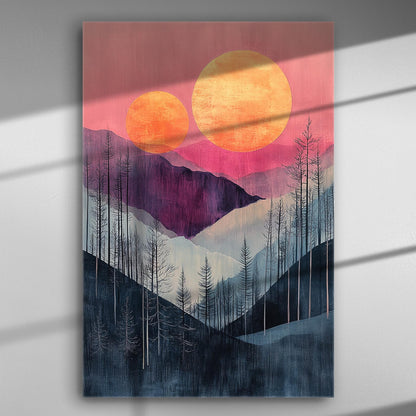 Landscape with two suns over mountains and trees in pink and purple hues.