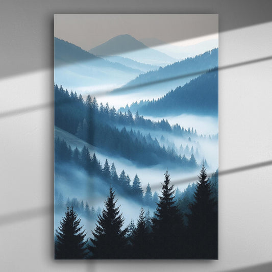 Canvas print featuring a misty mountain landscape with layers of trees and fog.