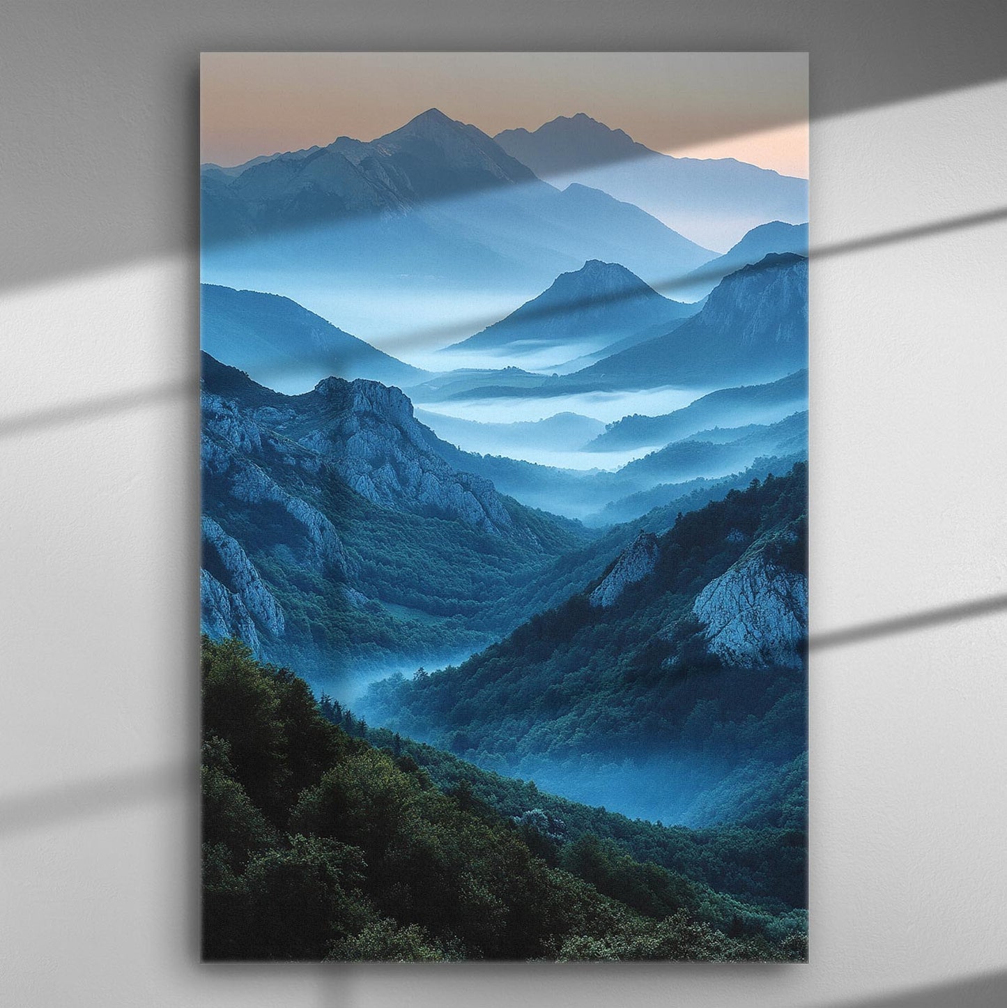 Foggy mountains landscape canvas print in blue tones.