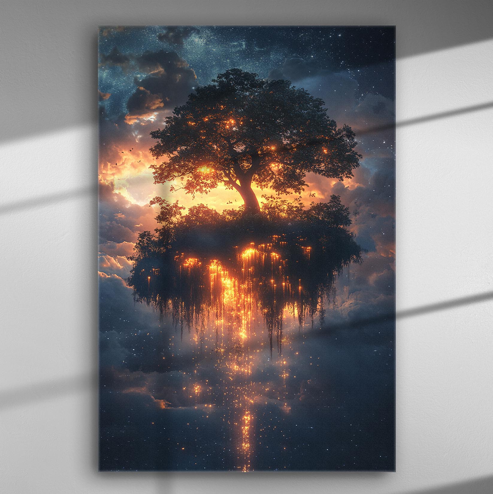 A magical tree illuminated against a bright sky, creating a fantasy-like scene with glowing elements and clouds.