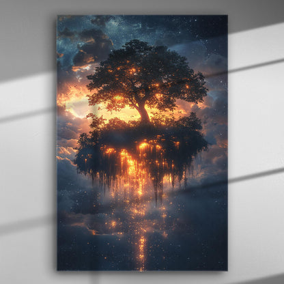 A magical tree illuminated against a bright sky, creating a fantasy-like scene with glowing elements and clouds.