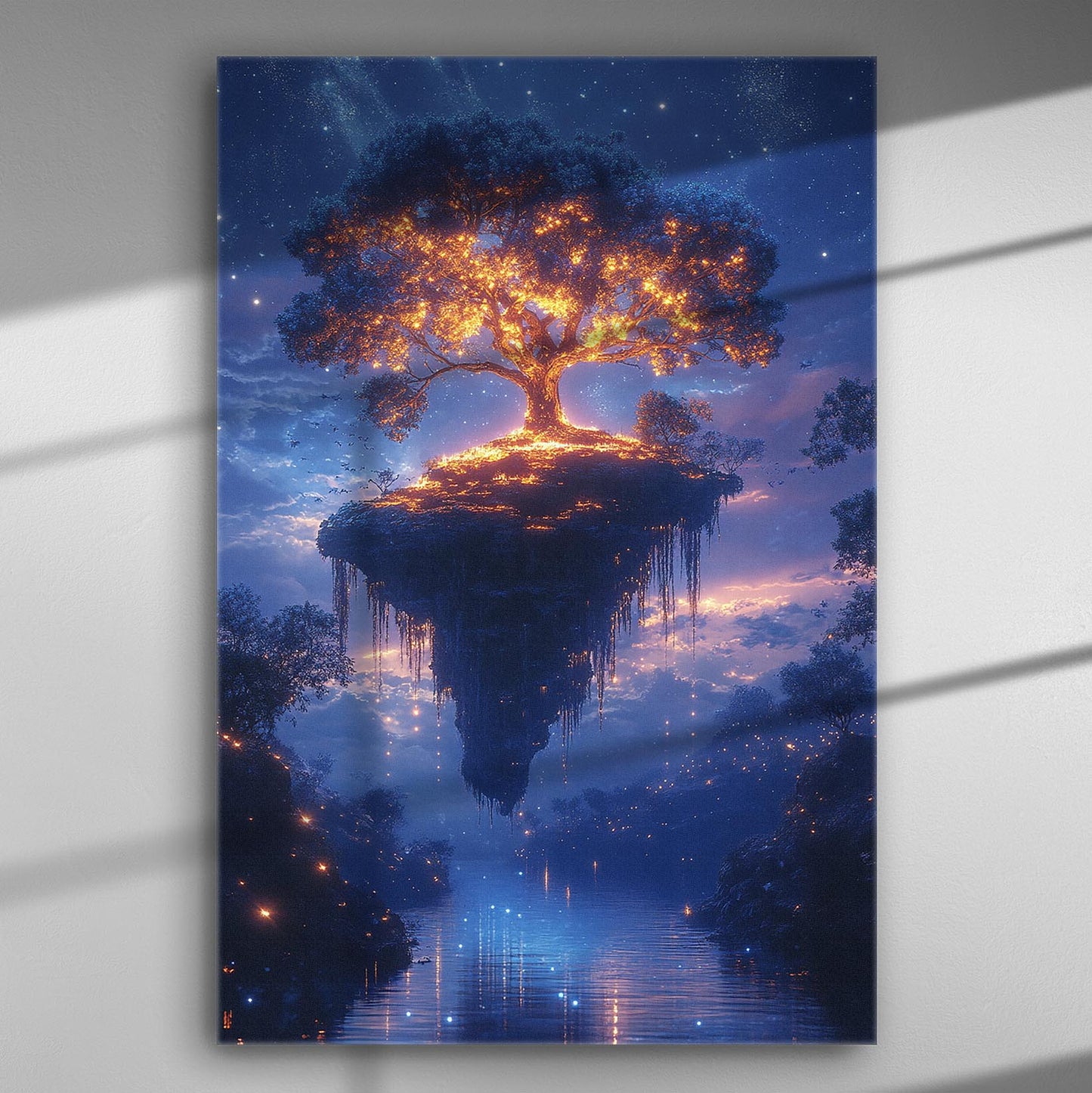 Floating tree illuminated with lights over a mystical landscape canvas art.