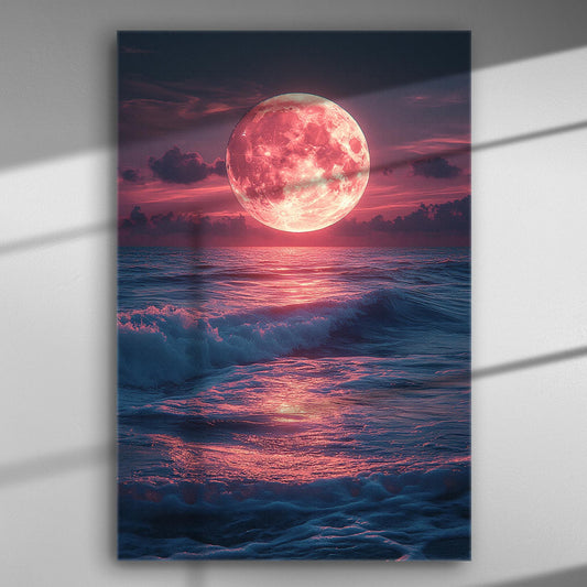 Romantic full moon over a calm ocean in pink and blue tones canvas print