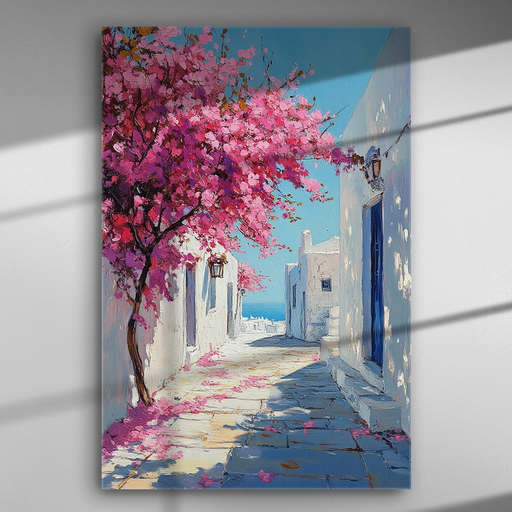 Artistic canvas showing a Greek street with blooming pink flowers and white buildings