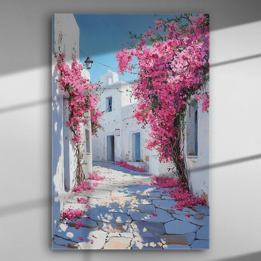 Canvas print depicting a picturesque alley with pink bougainvillea flowers and white-washed buildings.