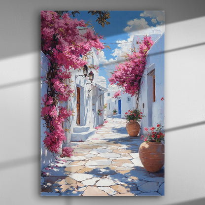 A picturesque street with white houses and pink bougainvillea flowers under a bright blue sky.