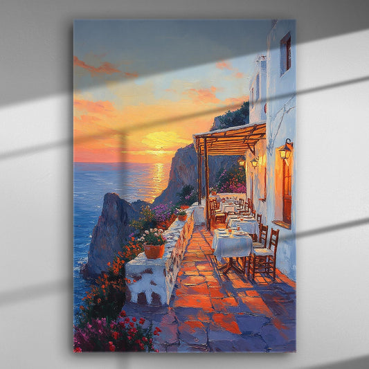 Canvas print depicting a Mediterranean sunset over the sea with a terrace overlooking the view.