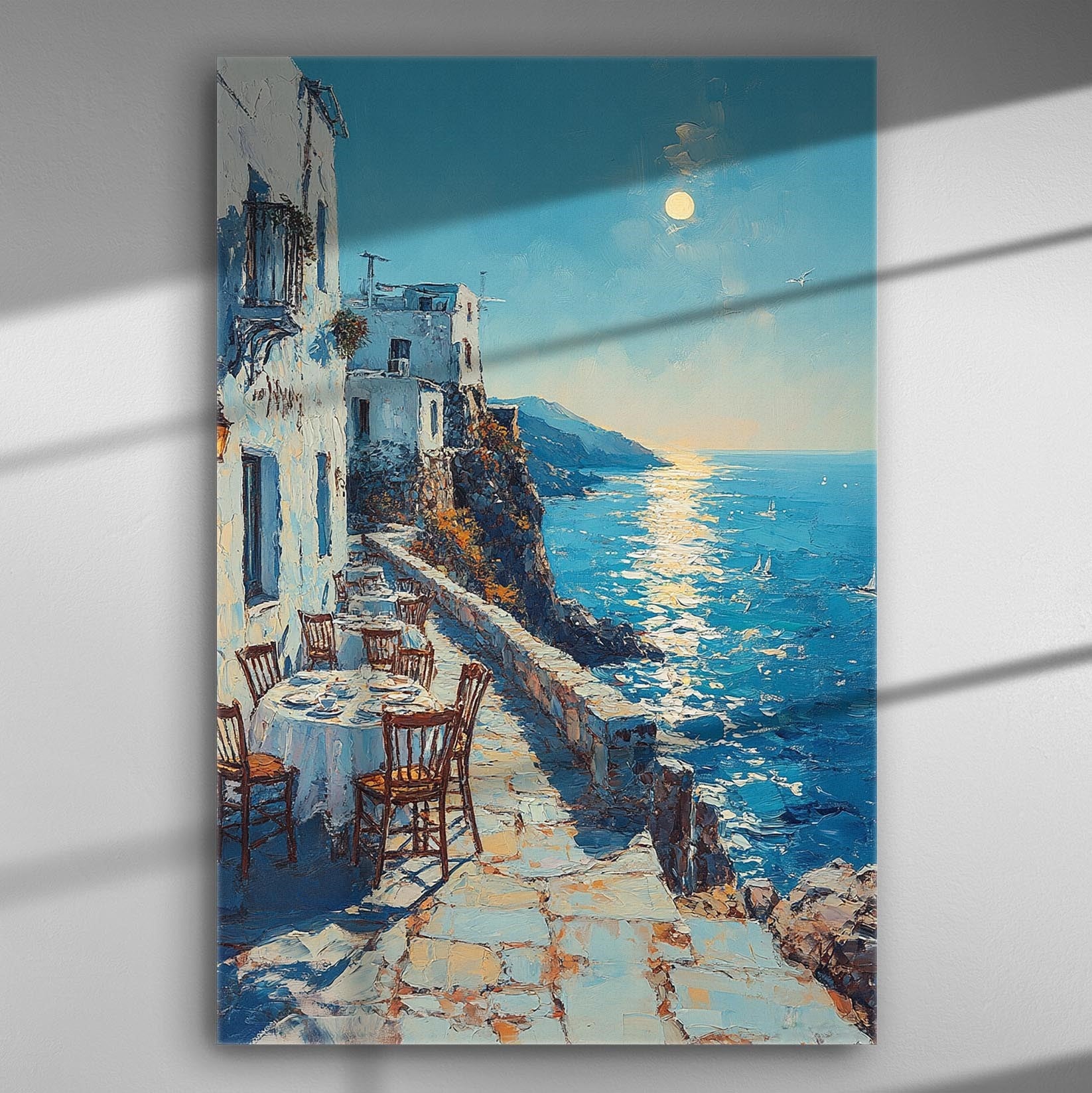 Seaside village with traditional architecture and ocean view canvas print, perfect for adding tranquility to any space.