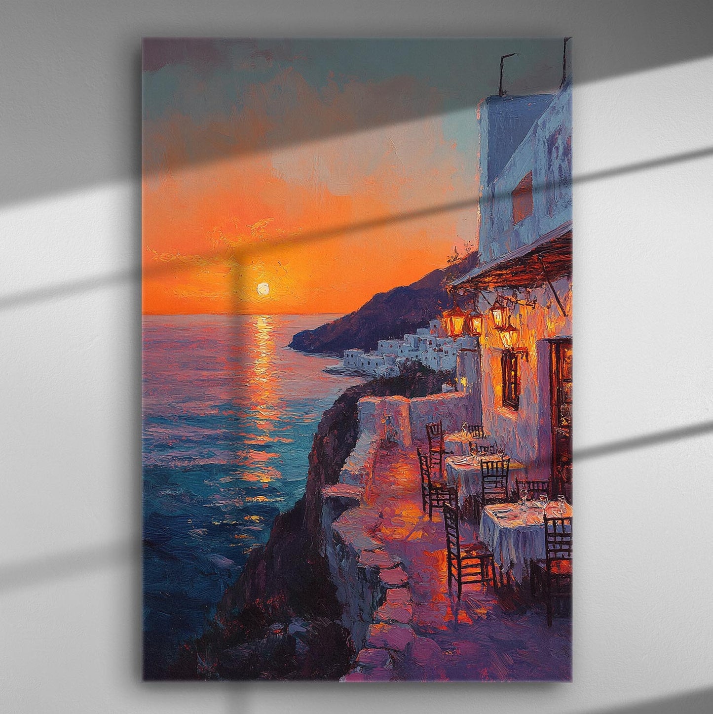 Sunset over coastal cliffs with a seaside restaurant, featuring vivid orange and blue tones on canvas.