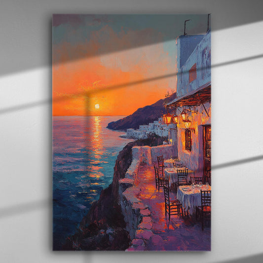 Sunset over coastal cliffs with a seaside restaurant, featuring vivid orange and blue tones on canvas.