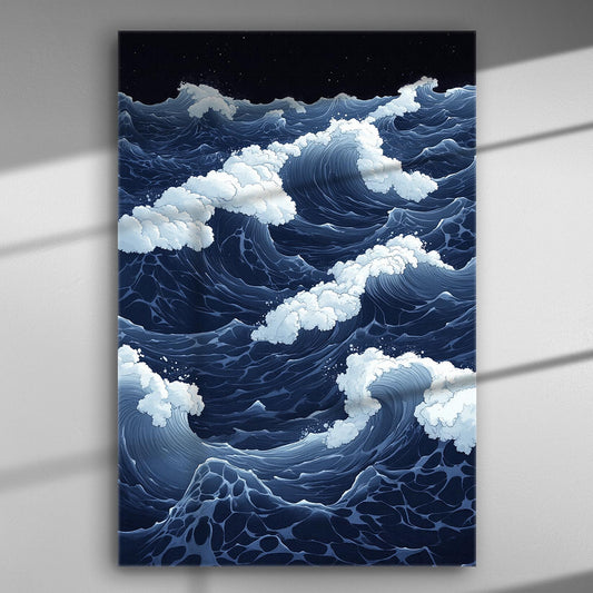 Canvas print of dramatic ocean waves with white foam on a dark blue sea.