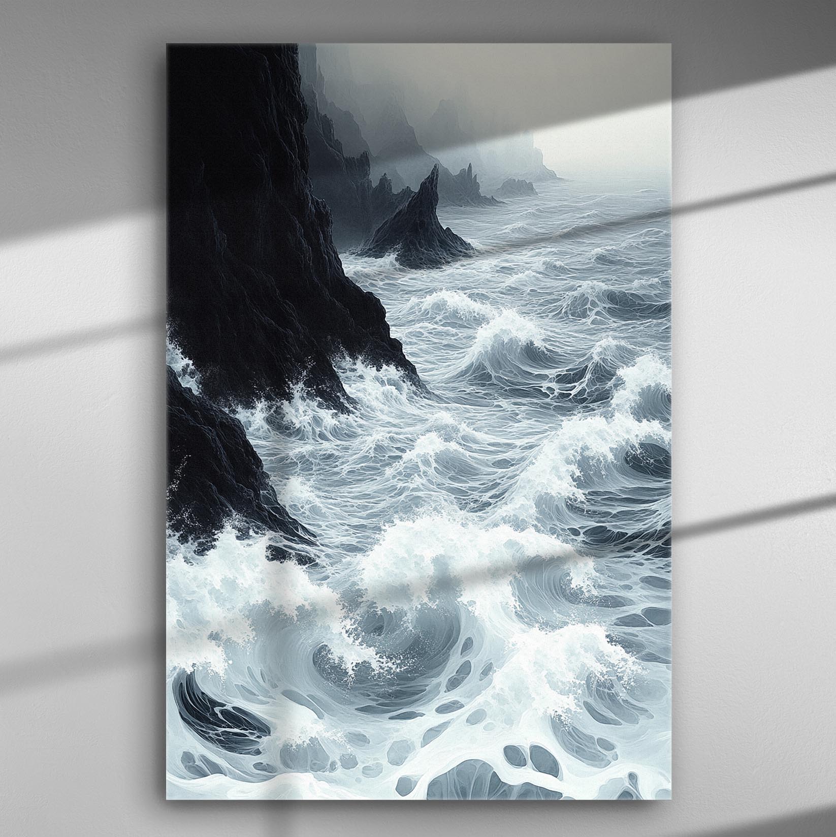 Ocean waves crashing against rocky cliffs in a dramatic seascape canvas print.