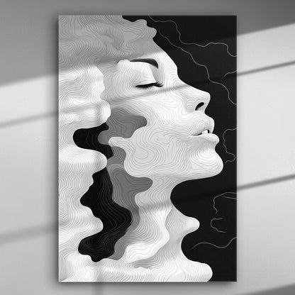 Abstract portrait of a face in profile with line art texture in black and white.