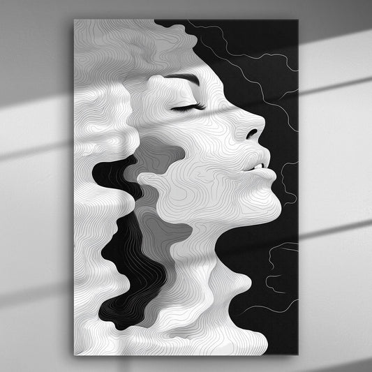 Abstract portrait of a face in profile with line art texture in black and white.