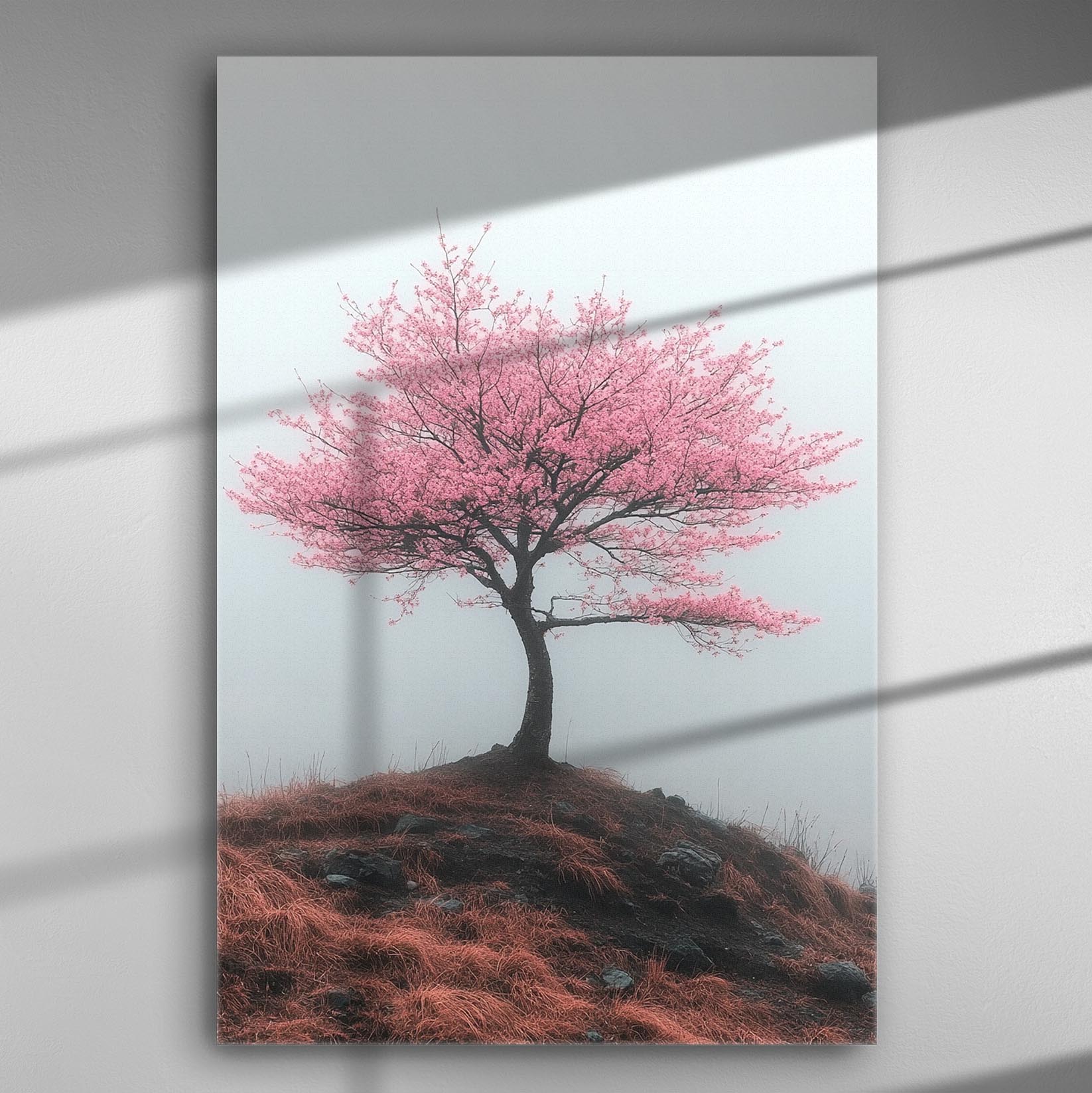 A canvas print of a single cherry blossom tree in full bloom against a gray foggy background.