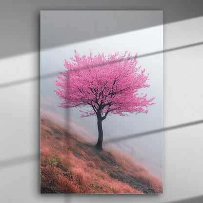 Pink tree on a hill surrounded by mist, canvas print.