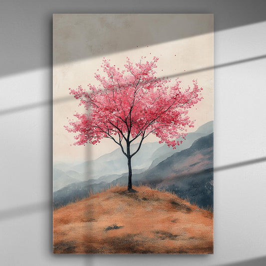 Canvas print of a pink blooming tree on a hill against a mountain backdrop.