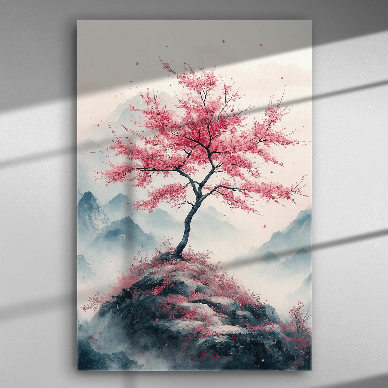 Canvas print featuring a blooming sakura tree on a mountain with misty background.